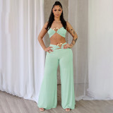 Women Spring and Summer Lace-Up Halter Neck Strapless Top and Gathered Pants Two-Piece Set
