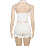 Women Spring Summer Solid Sexy Ruffle Halter Neck Top and Shorts Two-Piece Set