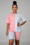 Women Summer Casual Color Block Round Neck Top and Shorts Two-piece Set