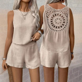 Women Solid Back Hollow Lace Top and Shorts Two-piece Set