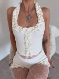 Women Spring Summer Solid Sexy Ruffle Halter Neck Top and Shorts Two-Piece Set