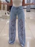 Women Summer Casual Lace Denim Straight Trousers
