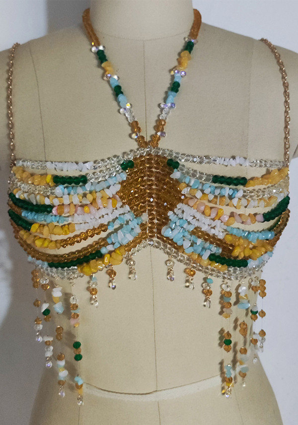 Women exotic sexy colored stone beaded vest beach holidays chest chain bead bras