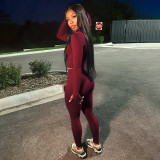 Women trendy sports long-sleeved v-neck zipper Top and trousers two-piece set