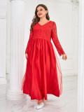 Plus Size Women Solid V-neck Long Sleeve Elegant Mesh Maxi Dress