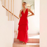 Women summer French sleeveless v-neck Cascading Ruffles Dress