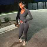Women trendy sports long-sleeved v-neck zipper Top and trousers two-piece set