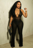 Women sexy Halter Neck V-neck lace See-Through Lace Backless Jumpsuit