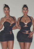 Women sexy Halter Neck Heart Print Metal button hollow sexy dress