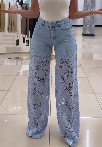 Women Summer Casual Lace Denim Straight Trousers