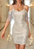 Women Sexy Suspender V-neck Tassel Bodycon Formal Party Sequin Dress