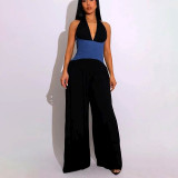 Women Spring and Summer Halter Neck Lace-Up Contrast Zipper Strapless Wide-leg Jumpsuit