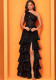 Women Elegant Slash Shoulder Slit Cascading Ruffles Evening Dress