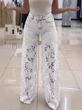 Women Summer Casual Lace Denim Straight Trousers
