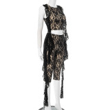 Women Spring and Summer Lace Ruffle Round Neck Tank Top and Capri Pants Two-piece Set