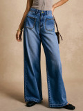 Women Riveted Pocket Washed Denim Pants