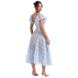 Women retro lace V-neck sexy short-sleeved Maxi Dress