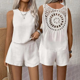 Women Solid Back Hollow Lace Top and Shorts Two-piece Set