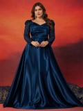 Plus Size Women Sequin Patchwork V-neck Long Sleeve Evening Dress