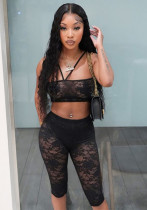 Women Spring and Summer Halter Neck Lace-Up Lace See-Through Strapless Top and Capri Pants Two-piece Set