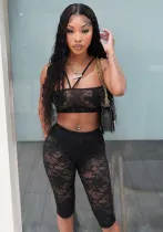 Women Spring and Summer Halter Neck Lace-Up Lace See-Through Strapless Top and Capri Pants Two-piece Set