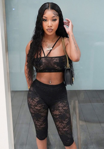 Women Spring and Summer Halter Neck Lace-Up Lace See-Through Strapless Top and Capri Pants Two-piece Set