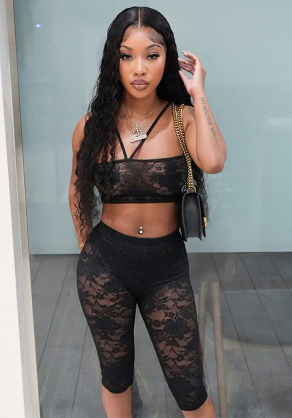 Women Spring and Summer Halter Neck Lace-Up Lace See-Through Strapless Top and Capri Pants Two-piece Set