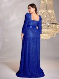 Plus Size Women Sequin Blue Long Sleeve Formal Party Evening Dress