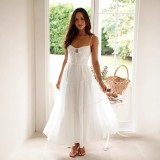 Women Chiffon Sleeveless Patchwork Suspender Backless Lace Dress