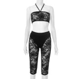 Women Spring and Summer Halter Neck Lace-Up Lace See-Through Strapless Top and Capri Pants Two-piece Set