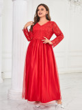 Plus Size Women Solid V-neck Long Sleeve Elegant Mesh Maxi Dress