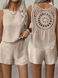 Women Solid Back Hollow Lace Top and Shorts Two-piece Set