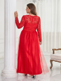 Plus Size Women Solid V-neck Long Sleeve Elegant Mesh Maxi Dress