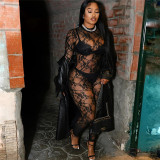 Women Street Sexy See-Through Round Neck Long Sleeve Lace Jumpsuit