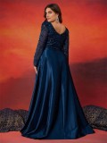 Plus Size Women Sequin Patchwork V-neck Long Sleeve Evening Dress