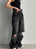Women Ripped Waist Adjustable Denim Wide Leg Pants