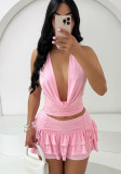 Women Hollow Crop Lace-Up Top and Skirt Two-piece Set