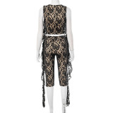 Women Spring and Summer Lace Ruffle Round Neck Tank Top and Capri Pants Two-piece Set