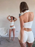 Women Spring Summer Solid Sexy Ruffle Halter Neck Top and Shorts Two-Piece Set
