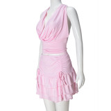 Women Hollow Crop Lace-Up Top and Skirt Two-piece Set