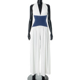 Women Spring and Summer Halter Neck Lace-Up Contrast Zipper Strapless Wide-leg Jumpsuit