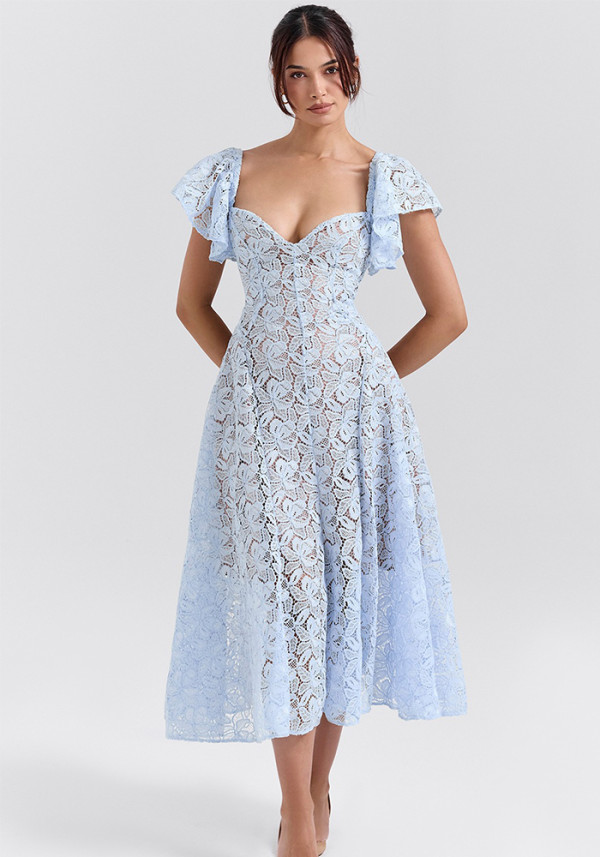 Women retro lace V-neck sexy short-sleeved Maxi Dress