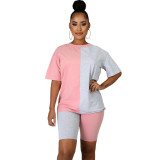 Women Summer Casual Color Block Round Neck Top and Shorts Two-piece Set