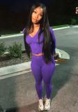 Women trendy sports long-sleeved v-neck zipper Top and trousers two-piece set