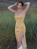 Summer women's sexy chic printed strap slit ruffle long dress