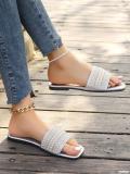 Plus Size women's square toe rhinestone beach sandals beaded flat bottom flip flops slipper
