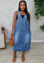 Women's solid color V-neck sleeveless denim dress