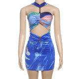 Women Spring Summer Style Contrast Print Sexy Hollow Halter Neck Dress