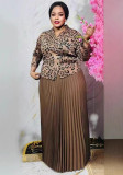 Fashion shiny flower lace-up top and high waist long pleated skirt set