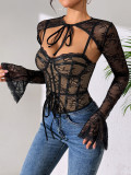Lace sexy mesh low back long sleeve see-through slim fit women's top